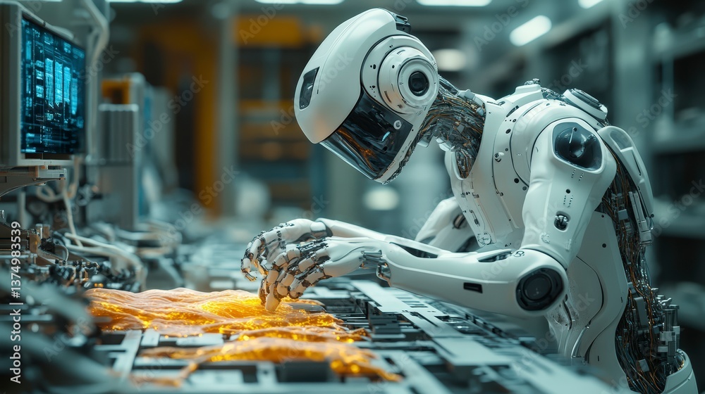 Poster Autonomous robot working on a computer engaged in advanced repairing of nerve tissues in a medical laboratory setting