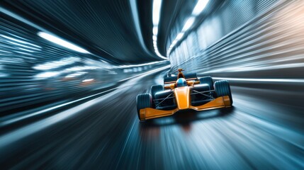 Obraz premium Aerial view of a sleek, high-performance Formula 1 race car speeding through a winding, asphalt racing circuit.