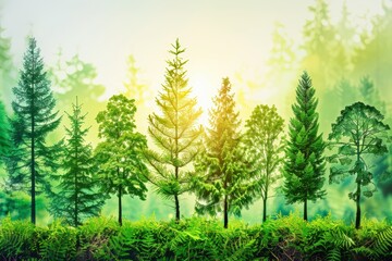 Obraz premium Lush green trees stand tall against a soft, glowing background, evoking a serene and tranquil atmosphere in nature.