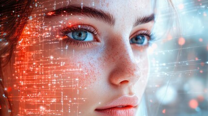 Woman's face featuring digital pattern overlaying eyes in innovative ai-powered virtual makeup experience