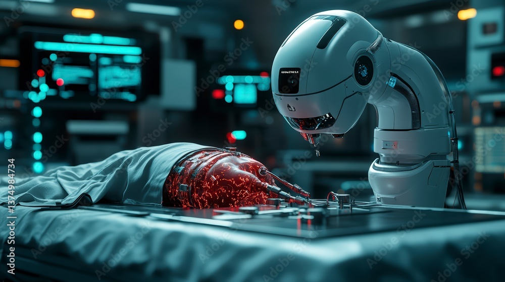 Poster advanced ai-enhanced surgical robot skillfully operating on a laptop to repair complex blood vessels