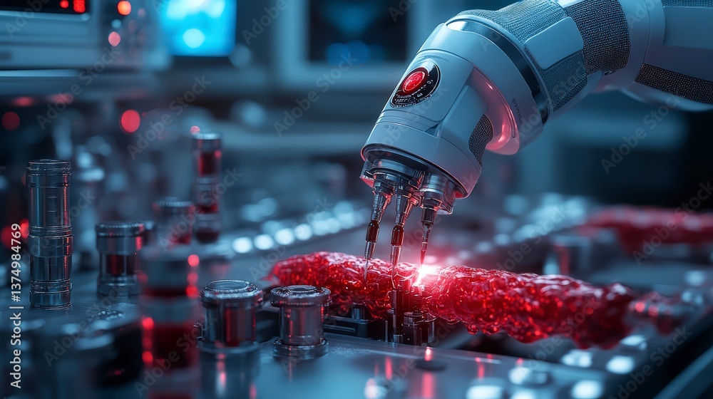 Aufkleber robotic hand engaged in intricate work with red liquid for advanced surgical procedures and vascular