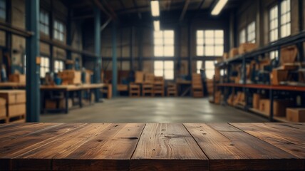 Empty wood table top in an industrial warehouse with a blurred background. The focus is on the table surface.