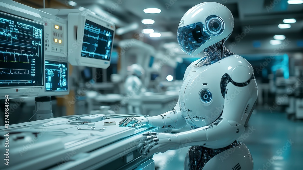 Poster Robot working on a computer in a sterile and futuristic environment for ai-driven robotic surgery applications