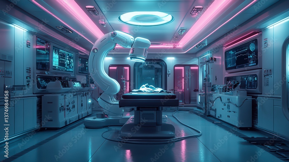 Poster hospital room illuminated by a soft pink light featuring ai-driven robotic surgery in a sterile and 