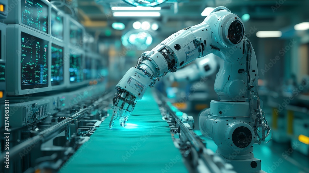 Poster Advanced surgical robot operating in a factory setting demonstrating high efficiency and precision in industrial tasks