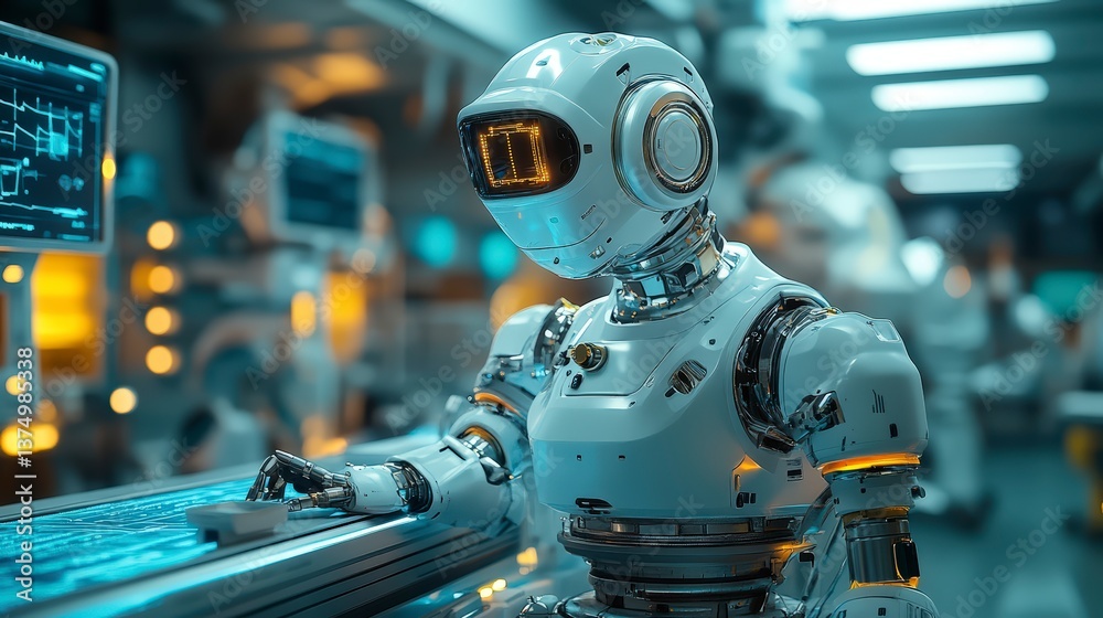 Poster Advanced surgical robot engaged in computer operation inside a high-tech sterile environment for optimal medical procedures
