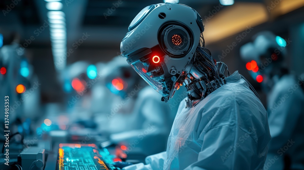 Poster Advanced surgical robot efficiently working on a computer in a sterile environment showcasing cutting-edge technology