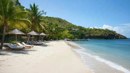 Serene Tropical Beach with Palm Trees and Lounge Chairs on Coastline
