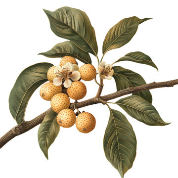 Detailed isolated longan on transparent background, vintage botanical illustration for design and decoration.