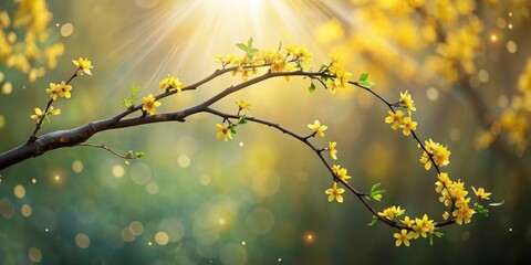 Obraz premium Golden Blossoms Illuminated by Sunlight on a Branch in a Serene Garden
