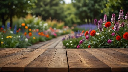 Empty wood table top on a flower garden with a blurred background. The focus is on the table surface.