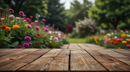 Empty wood table top on a flower garden with a blurred background. The focus is on the table surface.