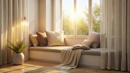 Fototapeta premium Sunlit Window Seat Sanctuary Cozy Reading Nook with Soft Pillows, Throw Blanket, and Natural Light