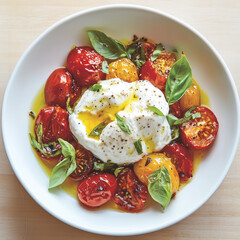 Creamy White Burrata Nestled with Vibrant Roasted Tomatoes