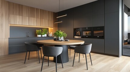 A serene and contemporary dining space in a neutral-toned, minimalist apartment with clean-lined furniture and a sophisticated, uncluttered aesthetic.