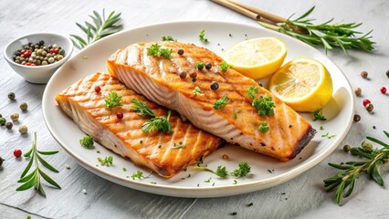 Delicious Grilled Salmon Fillet with Lemon and Herbs on a White Plate
