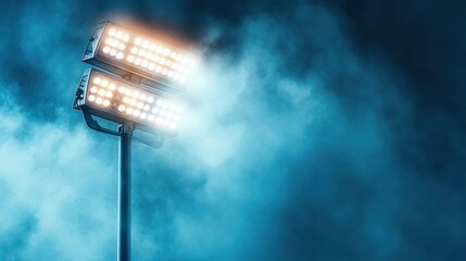 Impressive towering stadium floodlights casting dramatic, luminous beams that cut through the dark night sky, creating a captivating and architectural spectacle.