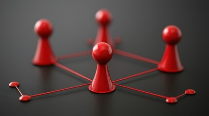 Four red game pieces are connected by red lines, forming a network or hub and spoke structure on a dark surface.