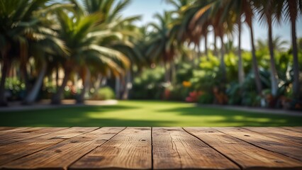 Empty wood table top on a Palm Tree Garden blurred background. The focus is on the table surface