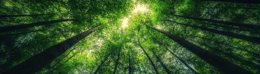 Fototapeta premium A serene forest scene featuring towering trees with lush green leaves, sunlight filtering through the canopy, casting dappled shadows on the forest floor, creating a tranquil atmosphere.
