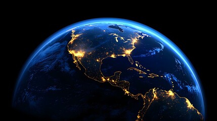 The image shows a nighttime view of North and Central America from space, highlighting the bright lights of major cities and the darker areas of less populated regions.