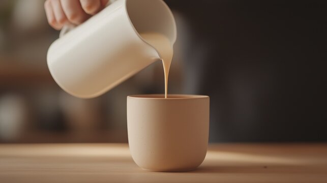 Person's hand pouring milk from a white pitcher into a beige ceramic cup. the cup is placed on a wooden table and the background is blurred, but it appears to be a kitchen or dining area.