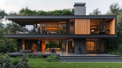 Modern House in Forest at Dusk; Exterior View; Residential Architecture; Ideal for Showcase