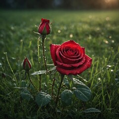 A beautiful red rose in lush green grass, morning dew glistening.