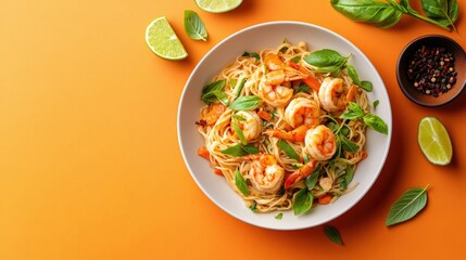 Delicious Shrimp Pasta Dish with Fresh Basil, Lime, and Colorful Ingredients on Orange Background