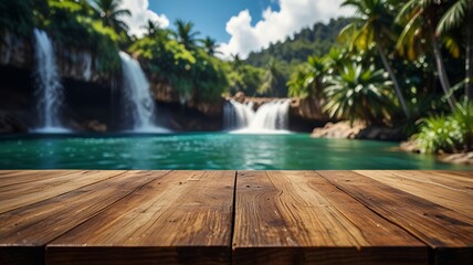  Empty wood table top on a Tropical Waterfall blurred background. The focus is on the table surface.