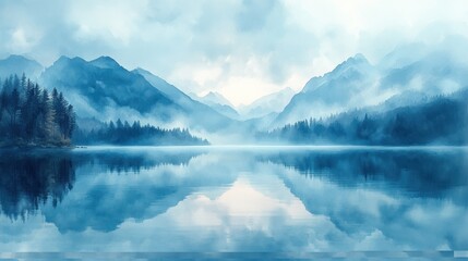 Fototapeta premium Misty Blue Mountain Lake Scenery