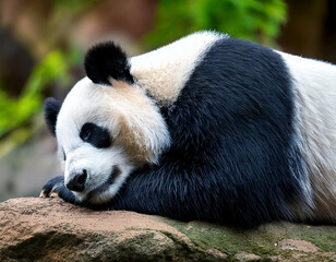 Fototapeta premium Adorable giant panda bear sleeping on rock