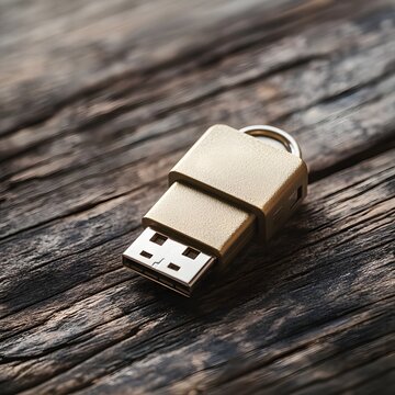 Gold USB flash drive on wooden table