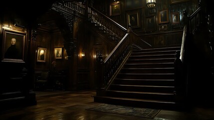 Dark, ornate mansion staircase