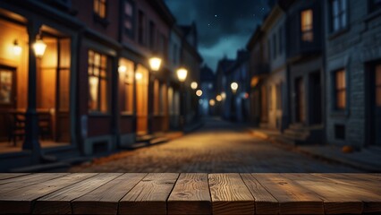 Obraz premium Empty wood table top on Halloween street with a blurred background. The focus is on the table surface