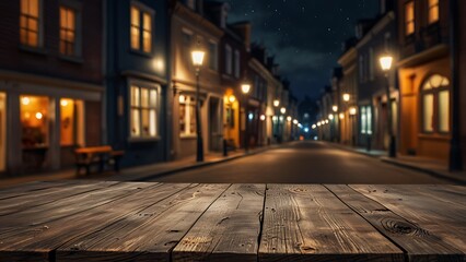 Fototapeta premium Empty wood table top on Halloween street with a blurred background. The focus is on the table surface