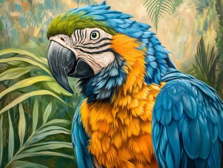 Obraz premium Colorful Macaw Parrot Amidst Lush Tropical Foliage Detailed Illustration