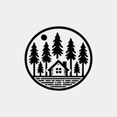 Fototapeta premium Vintage forest home vector logo illustration with trees and wooden elements