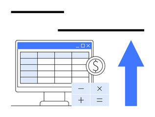 Computer screen with table grid, currency symbol, and calculator alongside a large upward arrow. Ideal for finance, analytics, growth, investment, budgeting, accounting strategy flat simple