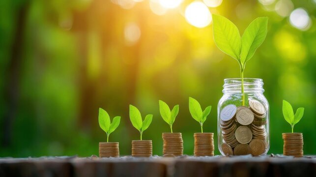 A jar of coins surrounded by sprouting plants symbolizes how sustainable financial growth and environmental stewardship can go hand in hand