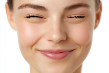 Obraz premium A smiling young woman with closed eyes, exuding happiness and positivity.