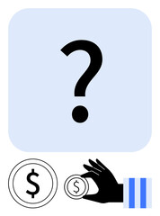 Question mark, dollar coin, and hand holding a smaller coin convey uncertainty in financial decisions. Ideal for finance, savings, economy, investments, budgeting planning decision-making. Flat