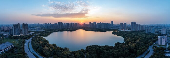 Naklejka premium Cityscape at Sunset over a Lake