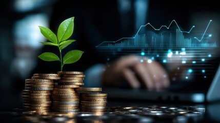 of financial growth and investment opportunities with a plant growing on stacks of coins and digital financial data and analysis on a computer screen