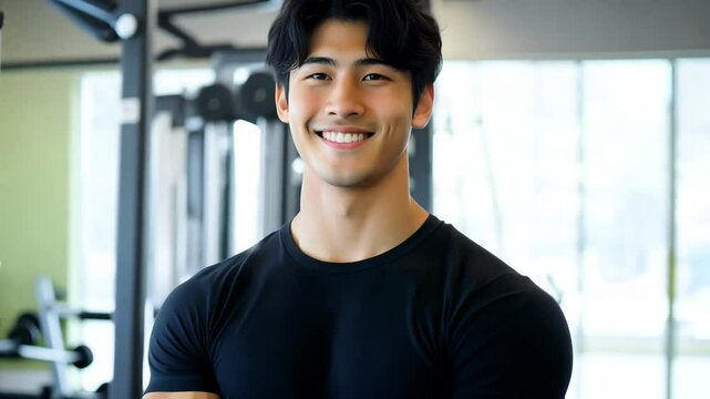 日本人 男性 アジア人 ムキムキ 筋肉 パーソナル トレーナー スマイル ジム バストショット 黒 灰色 白 背景