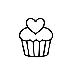 Black and white cupcake icon with a heart on top, representing love, bakery, desserts, and sweet treats.