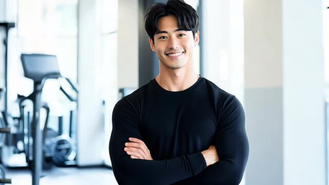 日本人 男性 アジア人 ムキムキ 筋肉 パーソナル トレーナー スマイル ジム バストショット 黒 灰色 白 背景