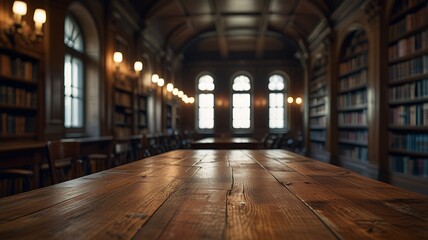 Empty wood table top in an ancient library.