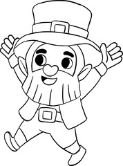 Joyful leprechaun jumping with arms raised, perfect for festive St. Patrick’s Day crafts and coloring fun